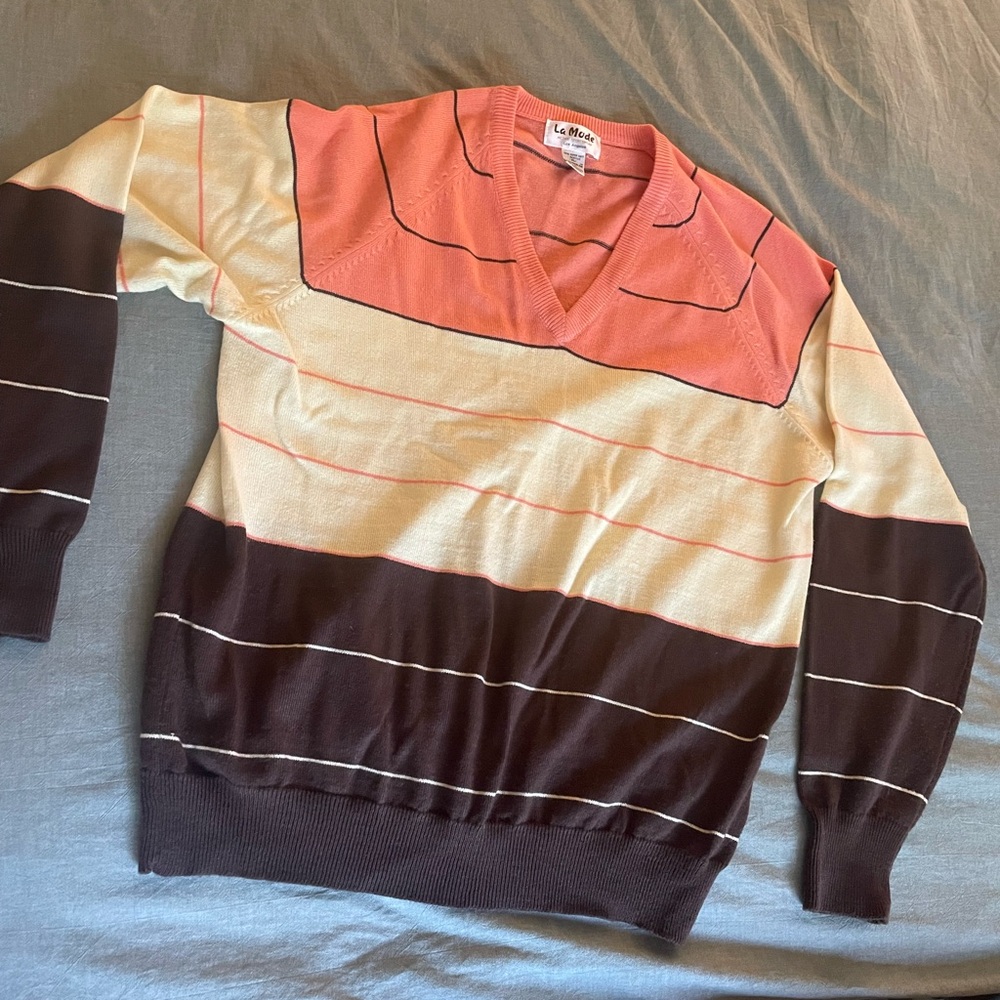 La Mode vintage Coral V-Neck Striped Men’s Sweater chashmerlon size XL